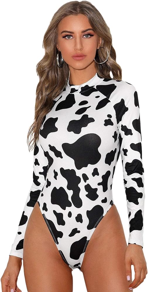 OYOANGLE Women's Casual Cow Print Mock-Neck High Leg Stretchy Bodysuit Tops Jumpsuit