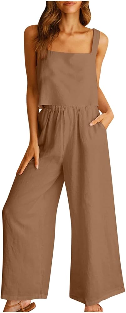 Vacation Outfits For Women 2 Piece Set Summer Sleeveless Linen Crop Tank Tops Wide Leg Pants Matching Lounge Set