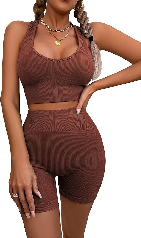 AMCLOS Womens Seamless Workout Sets Ribbed Knit 2 Piece Yoga Outfits Crop Tank Tops High Waist Sports Shorts