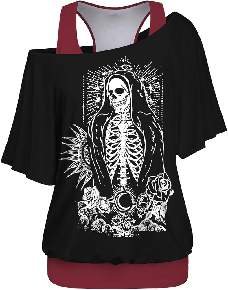 ROSE GAL Rosegal Women Plus Size Gothic Batwing Sleeves Blouson 2 Piece Top Outfits Skull Skeleton Print Outfits