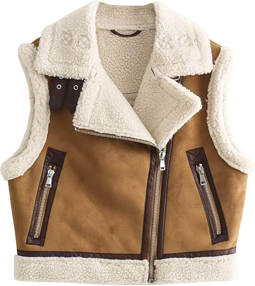 Women's Winter Trendy Crop Sherpa Lined Suede Leather Vest Jacket Zip Up Sleeveless Lambwool Fur Coat with Pockets