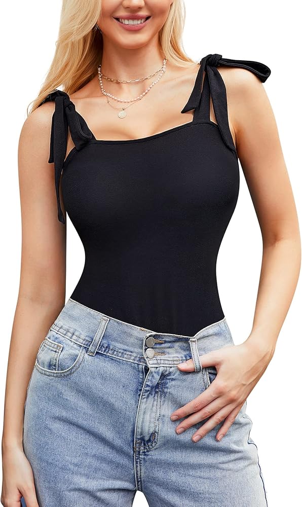 SCARBORO Bodysuits for Women Sexy Sleeveless Body Suit Square Neck Tank Tops Tie Shoulder Dressy Jumpsuits Clubwear T Shirt