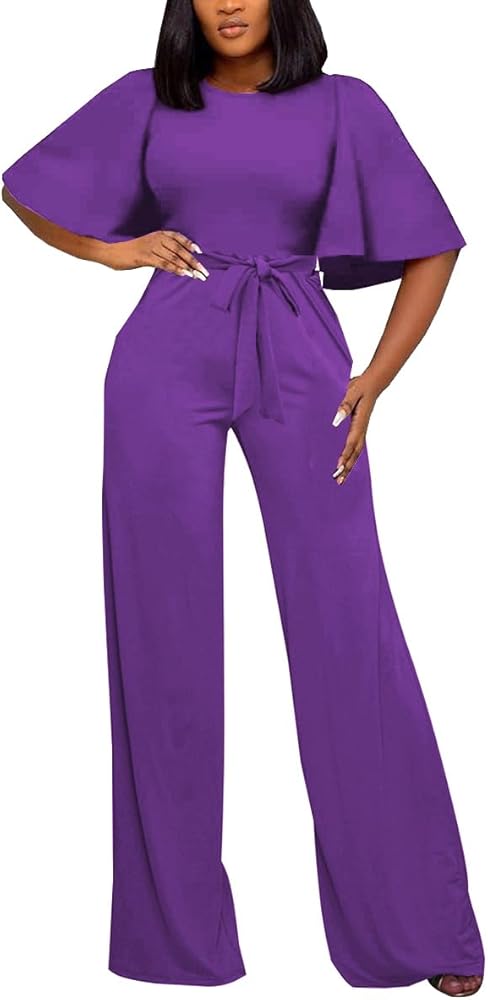 BessCops Womens Loose Short Sleeve Belted Wide Leg Pant Romper Jumpsuit Casual Business One Piece Outfits