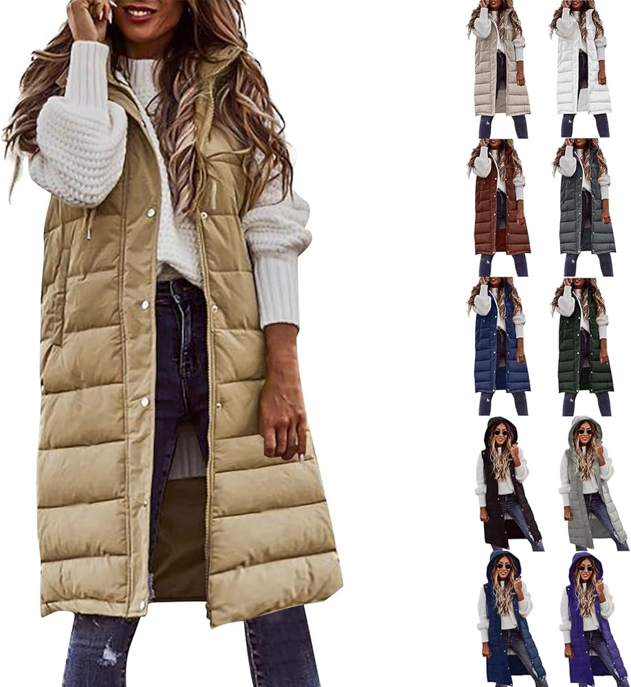 Women Long Puffer Vest Oversized Sleeveless Quilted Vest Zipper Hooded Puffy Jacket Plus Size Down Vest Outerwear