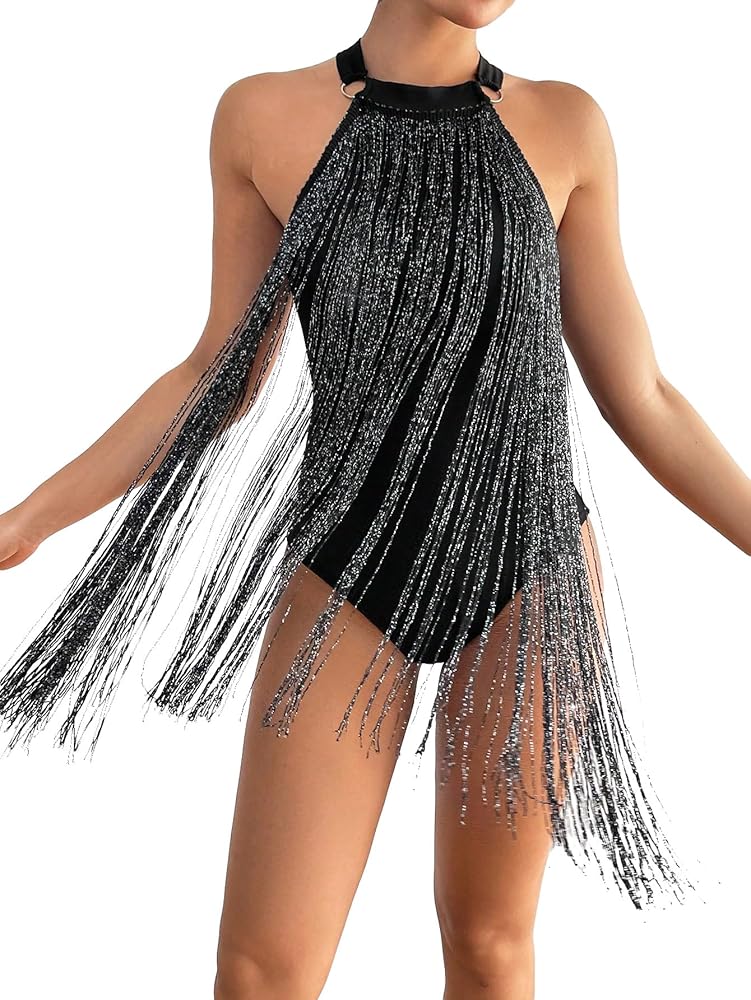 OYOANGLE Women's Sparkly Glitter Fringe Trim Sleeveless Halter Party Going Out Tank Bodysuit Tops