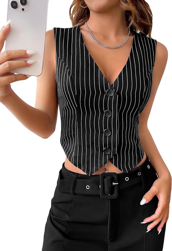 Milumia Women's Casual Button Up V Neck Vest Blazer Sleeveless Waistcoat Jackets