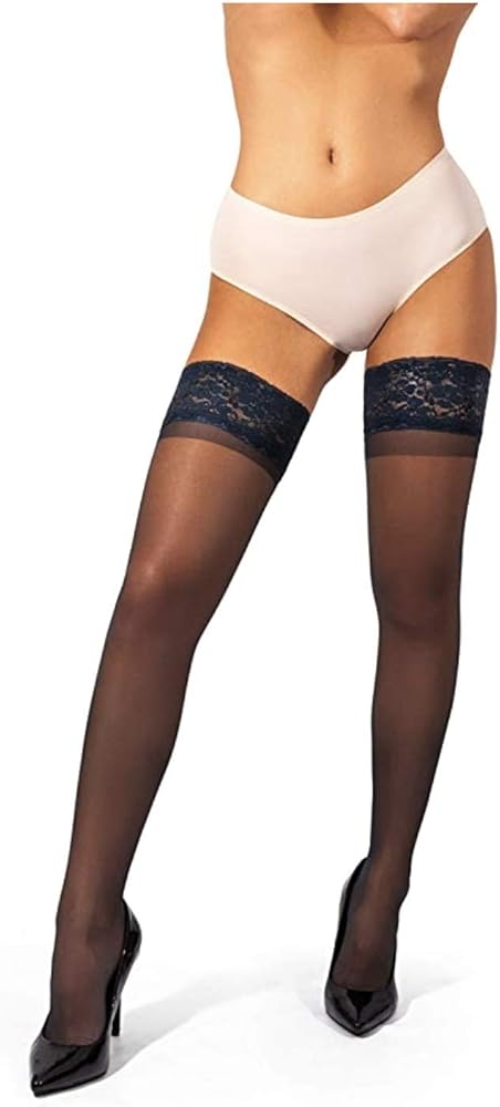 sofsy Sheer Lace Thigh High Stockings for Women [Made in Italy] Womens Lingerie Stockings Thigh Highs (Black/Nude Plus Size)