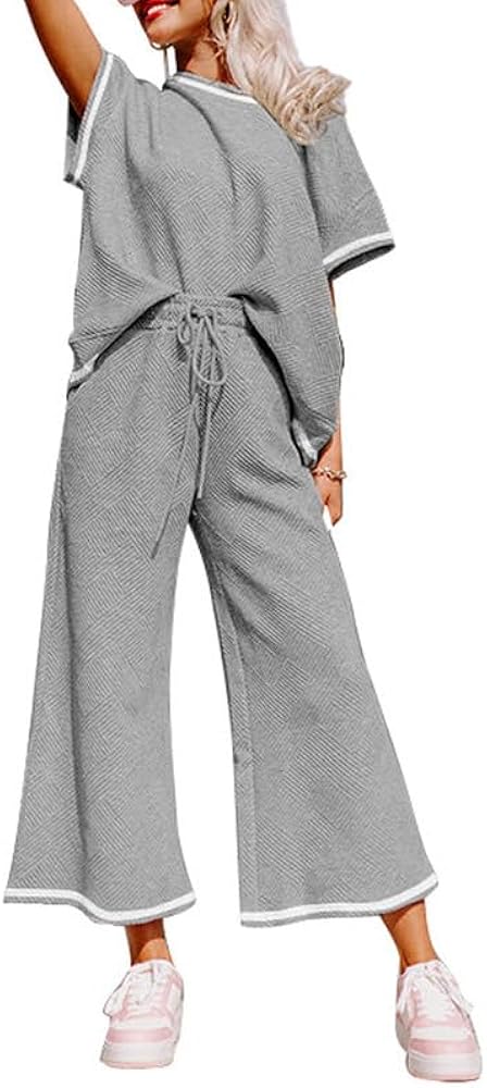 SHEWIN Women's 2 Piece Outfits Sweatsuit Casual Short Sleeve Pullover Tops and Drawstring Wide Leg Pants Lounge Sets