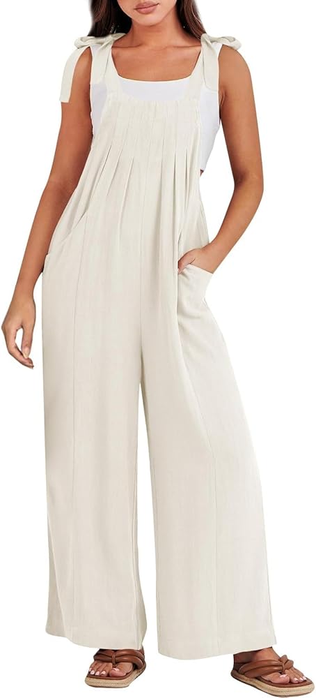 Sleeveless Rompers for Women 2024 Trendy Adjustable Strap Pleated Jumpsuit Loose Casual Wide Leg Pant Romper with Pockets