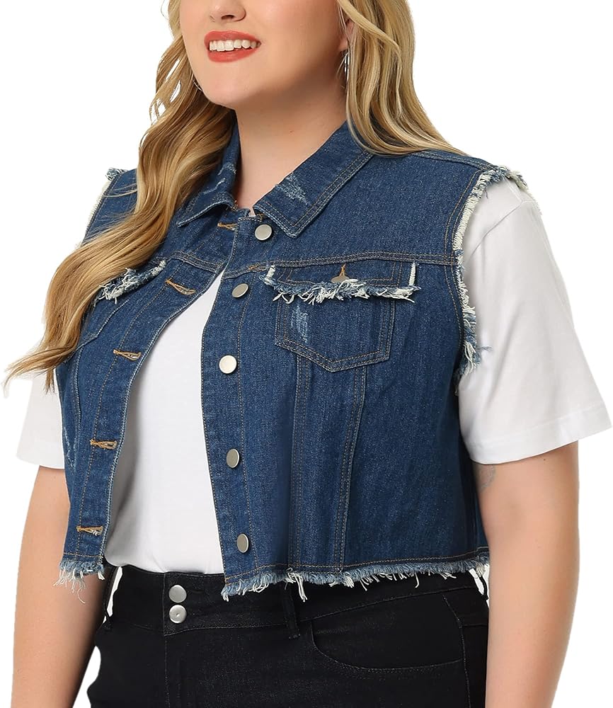 Agnes Orinda Plus Size Denim Jackets for Women Button Down Distressed Sleeveless Jean Vest Jacket