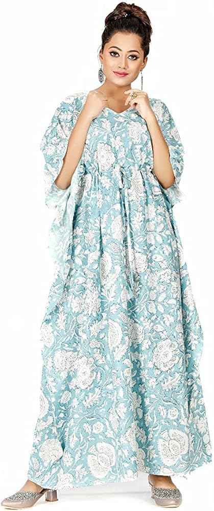 Antique Artz Long Maxi Dress Kaftan Dresses Blue Women for Plus Size Summer Tunic Tops Swimsuit Cover ups for Women Indian Kaftans Caftan Beach Long Evening Lounge Dress Women Soft Cotton Night Wear