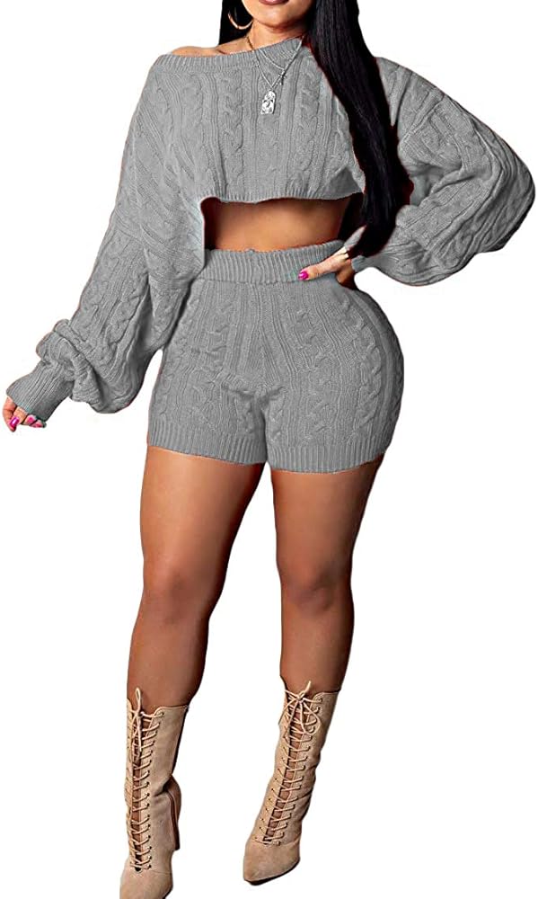 Women's Casual 2 Pieces Outfits Solid Long Sleeve Knitted Sweater Crop Top Bodycon Shorts Tracksuits Set