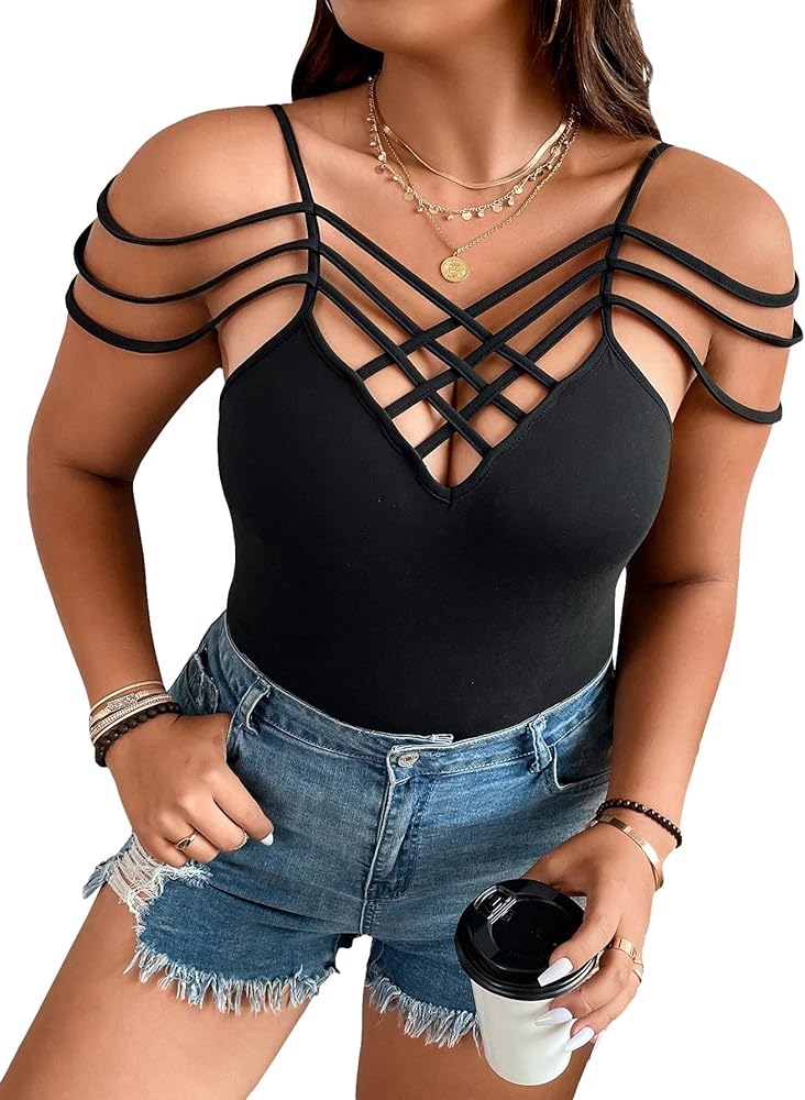 SOLY HUX Women's Plus Size Bodysuit Criss Cross Front Spaghetti Strap Cami Bodysuit Tops