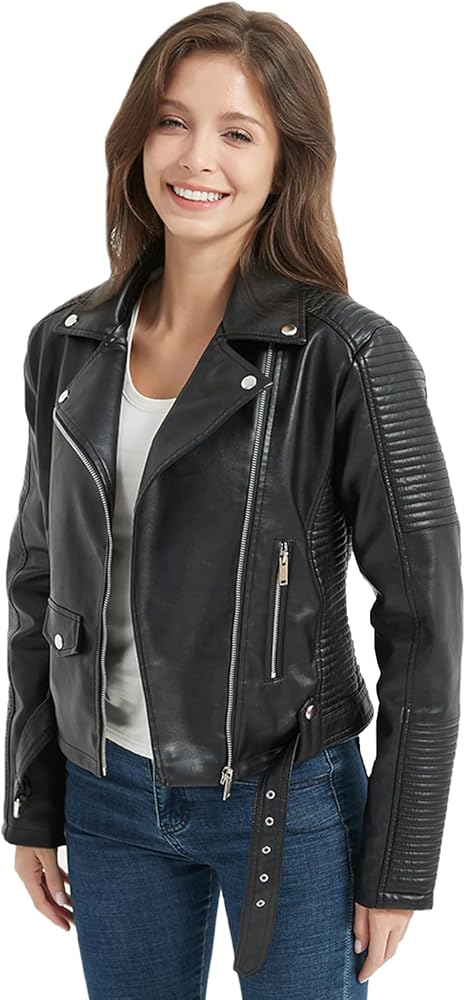 LY VAREY LIN Women's Faux Leather Motorcycle Jacket PU Slim Short Biker Coat