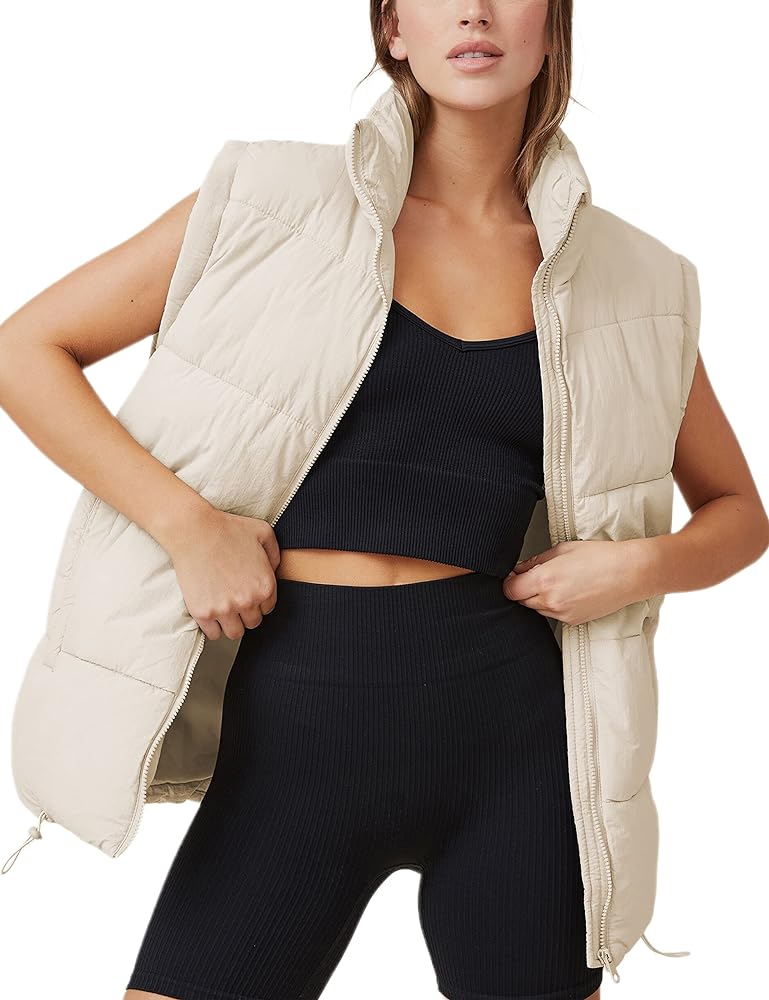 Puffer Vest Women Sleeveless Quilted Zip Up Stand Collar Oversized Coat Outwear with Pocket