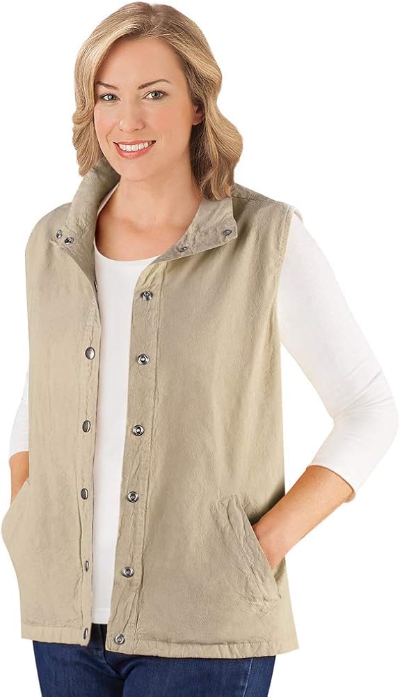 Collections Etc Snap Front and Cinch Back Sleeveless Vest with Front Slant Pockets - Flattering Layering Piece for Outfit