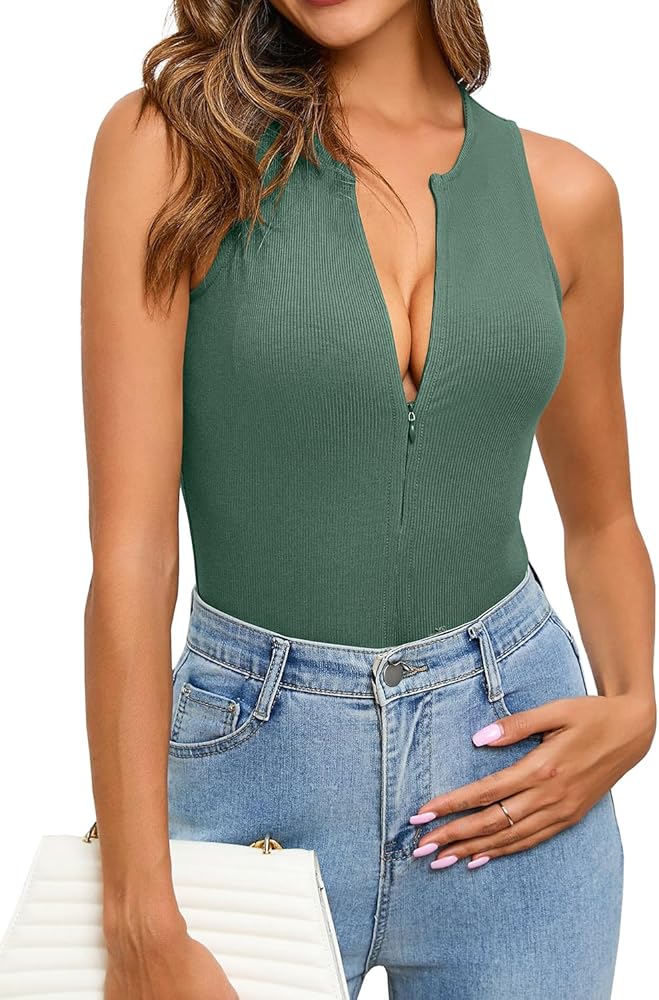 MISSJOY Women's Zipper Sexy V Neck Sleeveless Ribbed Slimming Basic Bodysuit Tops T Shirts