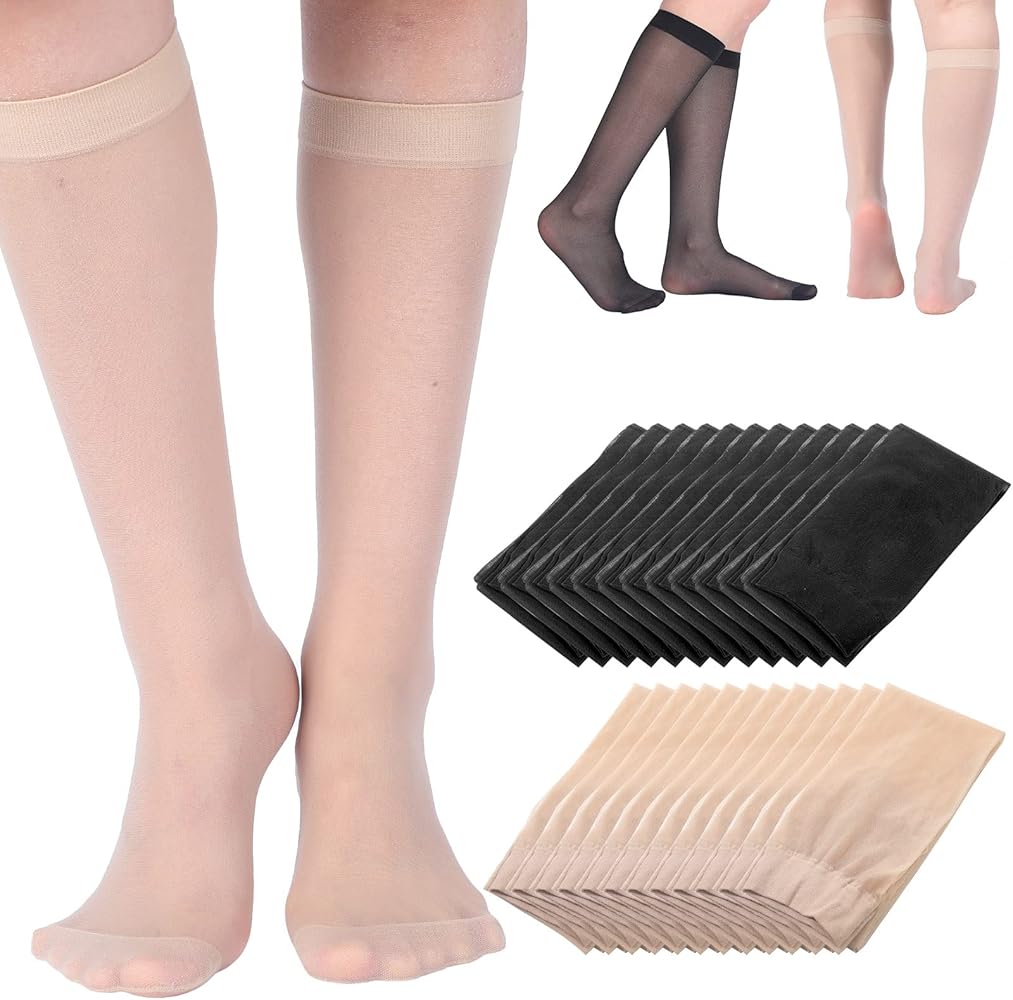 24 Pairs Sheer Knee High Stockings for Women Reinforced Toe Knee Highs Pantyhose Socks Opaque Nude Tights Elastic Soft Women's Sheers for Women Girls, Black and Nude