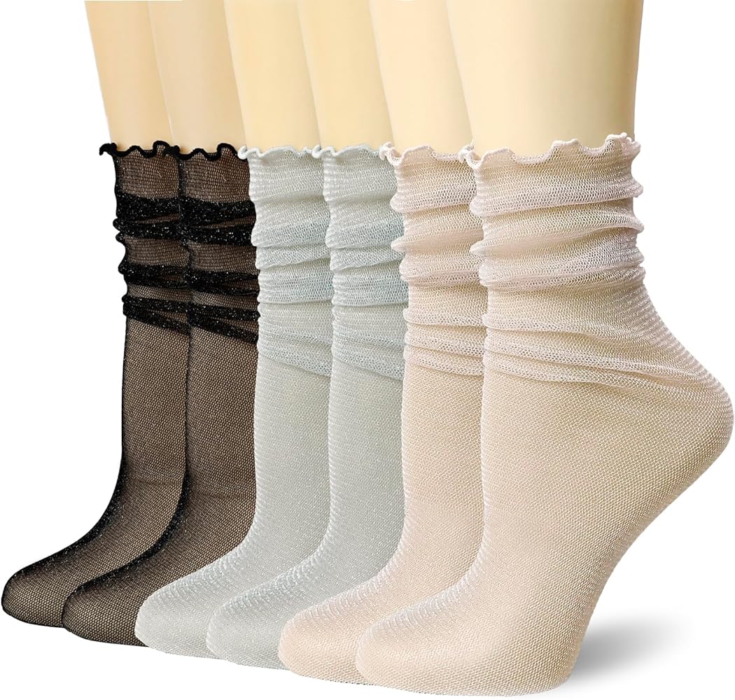 3Pack Women's Sheer Glitter Socks Frilly Metallic Sparkle Shiny Slouch Socks Soft Tulle Fashion Party Girls Socks