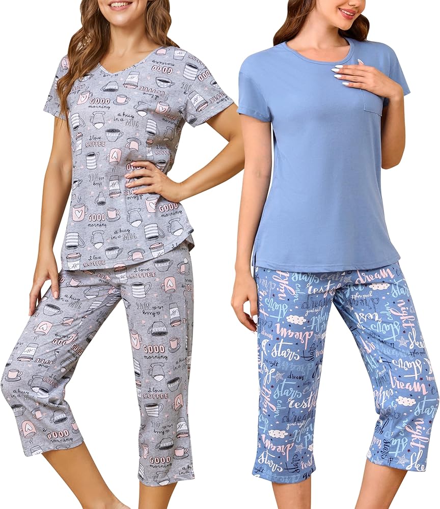 PNAEONG 2 Pack Women's Cotton Pajama Sets Short Sleeve Sleepwear Tops with Capri Pants Summer Loungewear Pj Sets S-3XL