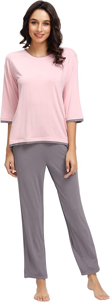 WiWi Womens 3/4 Sleeve Pajamas Set Soft Bamboo Viscose Top with Pants Sleepwear Plus Size Lightweight Pjs S-4X