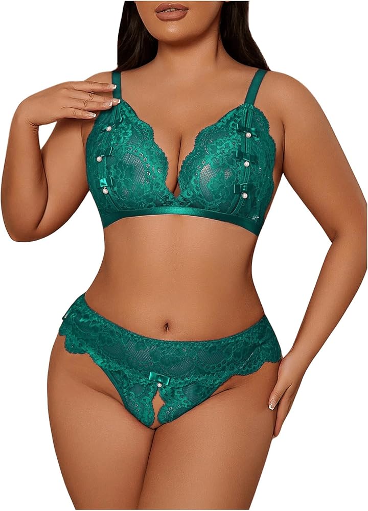 SOLY HUX Lingerie for Women Plus Size Sheer Lace Bra and Panty Lingerie Set