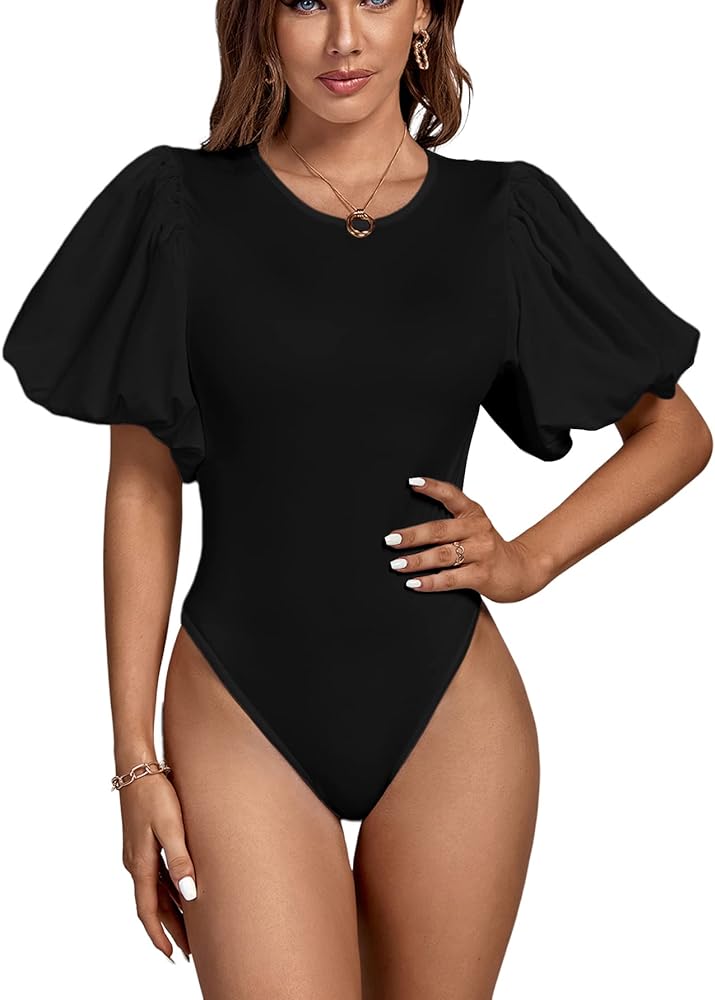 LYANER Women's Casual Round Neck Puff Short Sleeve Leotard Bodysuit Top