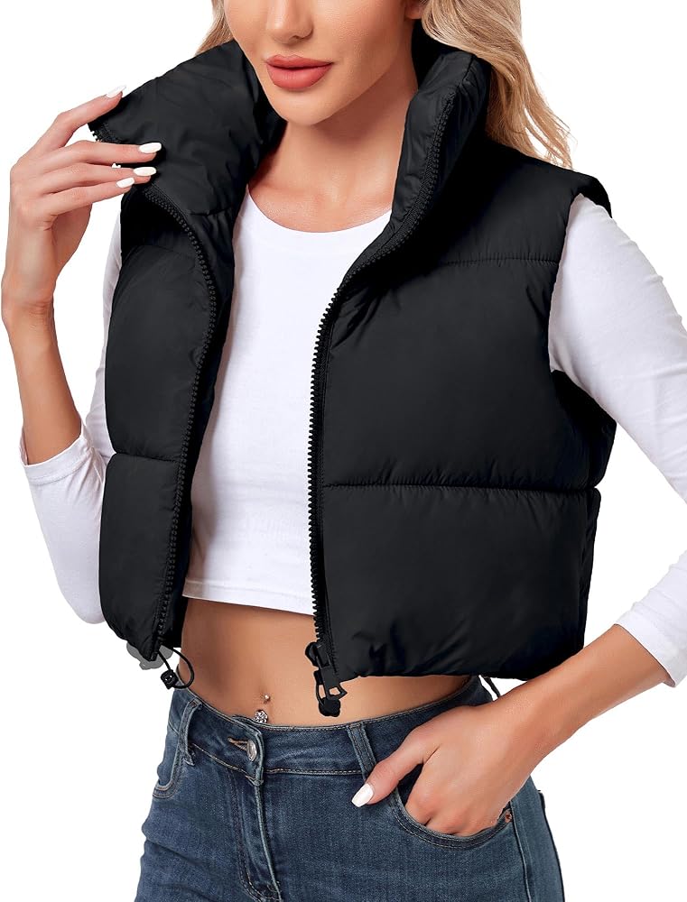 Women's Cropped Puffer Vest Jacket Sleeveless Winter High Stand Collar Lightweight Vest for Women with Zip Gilet