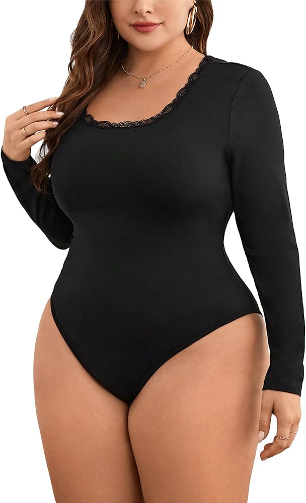 SOLY HUX Women's Plus Size Long Sleeve Bodysuits Lace Trim Scoop Neck Fitted Basic Bodysuit Tops Shirts