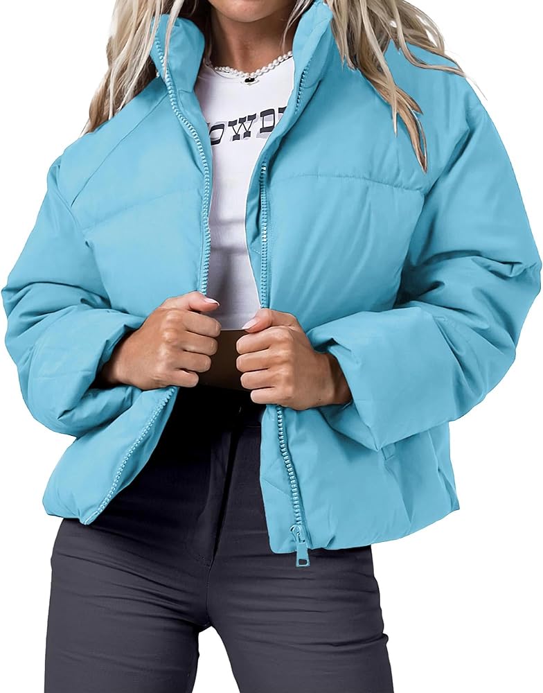 Women's Winter Cropped Puffer Jacket 2023 Long Sleeve Lightweight Zip Short Jacket Coat with Pockets