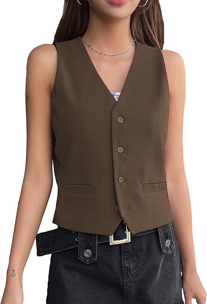 Verdusa Women's Sleeveless Button Front V Neck Blazer Vest Waistcoat Jacket