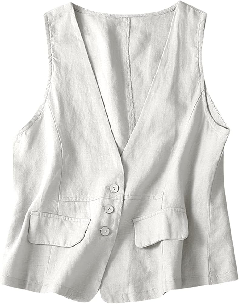 COTECRAM Womens Vest 2023 Summer Cotton Linen Vest Top Vintage Casual Sleeveless Button Down Jacket Loose Vests Outerwear