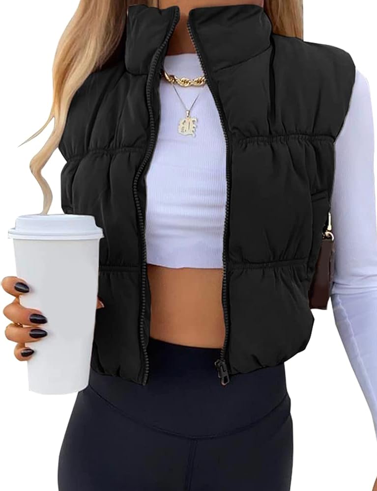 UANEO Womens Cropped Puffer Vest Zip Up Stand Collar Sleeveless Padded Cropped Vest