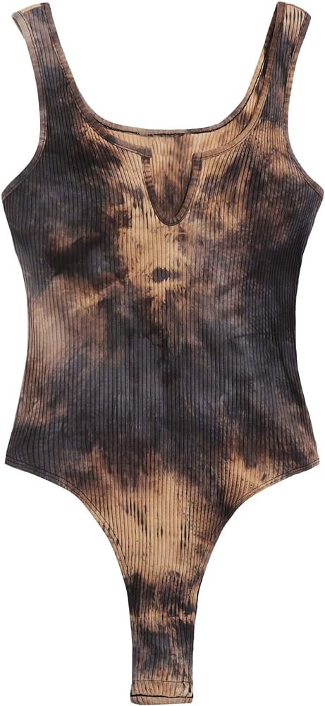 Verdusa Women's Tie Dye Notched Neck Ribbed Skinny Thong Tank Bodysuit Top