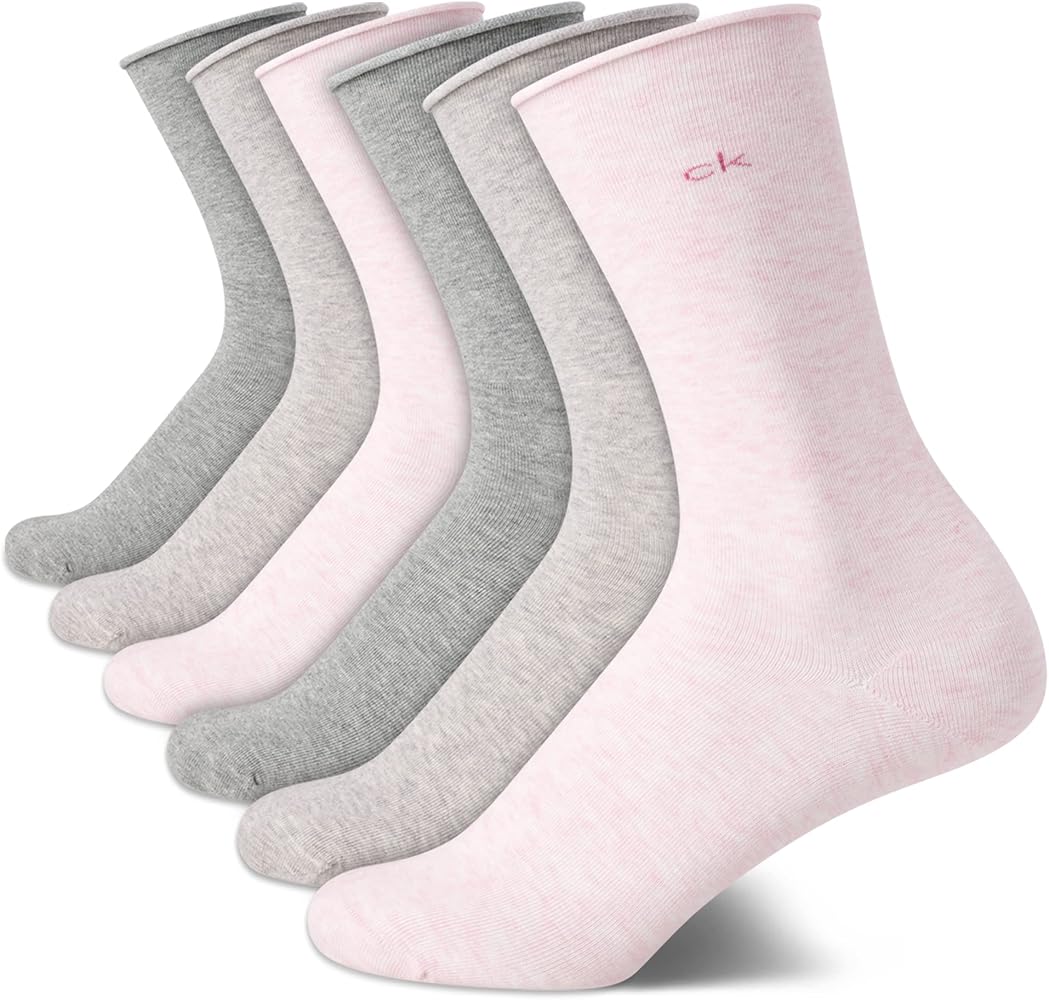 Calvin Klein Women's Crew Socks - 6 Pack Soft Cotton Blend Roll Cuff Mini/Mid Crew Dress Socks for Women (Shoe Size: 4-10)