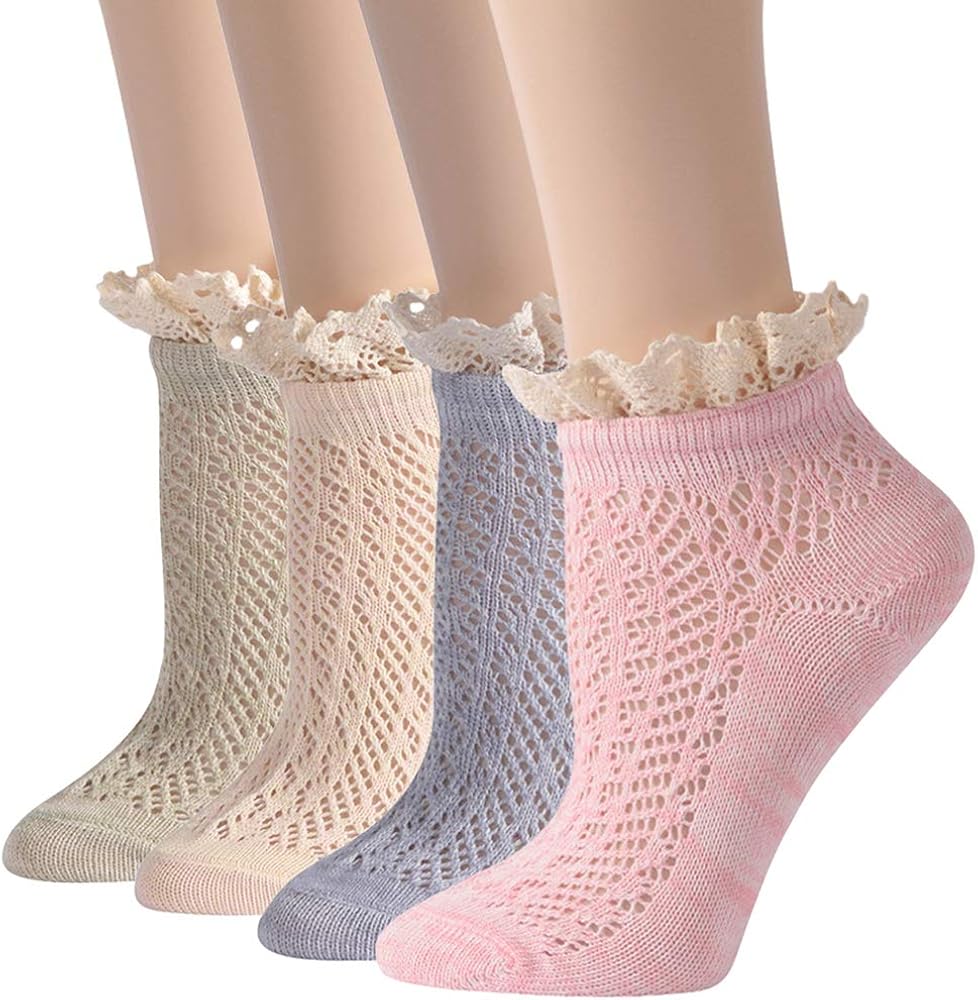 Funcat Women's Lace Ruffle Frilly Colorful Floral Cotton Casual Novelty Ankle Socks 4/5/6 Pairs