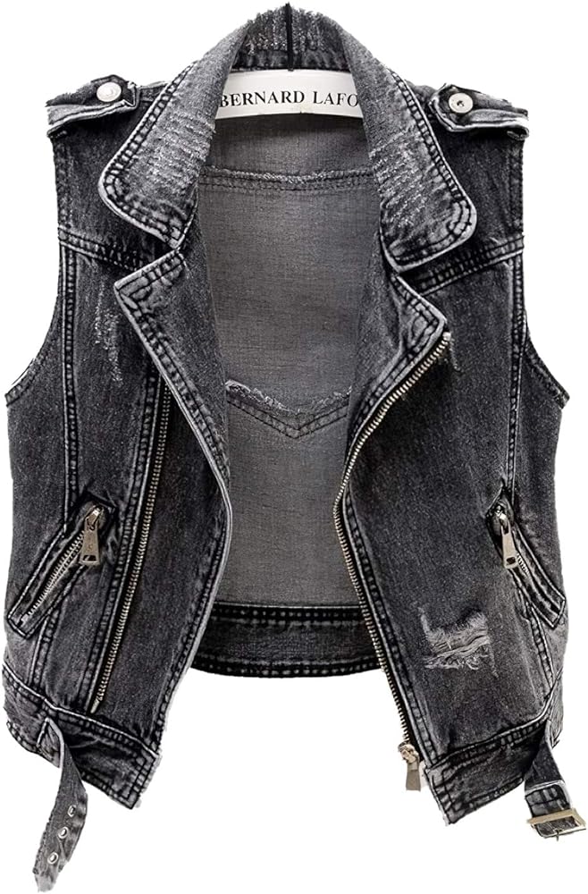 Women's Lapel Black Denim Vest Classic Zipper up Sleeveless Outerwear Waistcoat Jacket