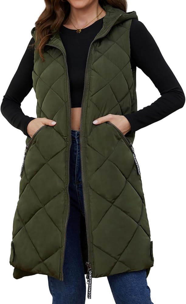 Gihuo Womens Long Hooded Puffer Vest Sleeveless Winter Bubble Jackets Zip Up Warm Coat Outerwear with Pockets