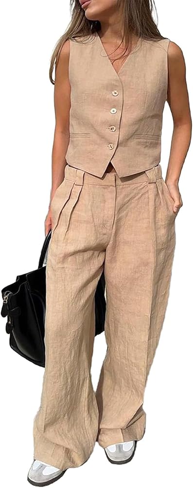 Linen Sets for Women 2 Piece Button V Neck Vest and Wide Leg Pants Suit Matching Sets with Lining