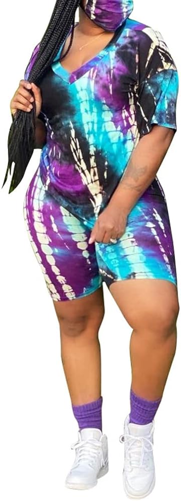 BFFBABY Plus Size 2 Piece Outfit for Women Casual Tie Dye Short Sleeves Bodycon Shorts Pant Set