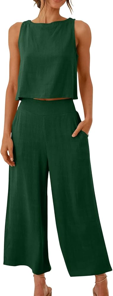 Summer Outfits For Women 2 Piece Set Casual Sleeveless Tanks Crop Tops Cropped Wide Leg Pants Set Jumpsuits