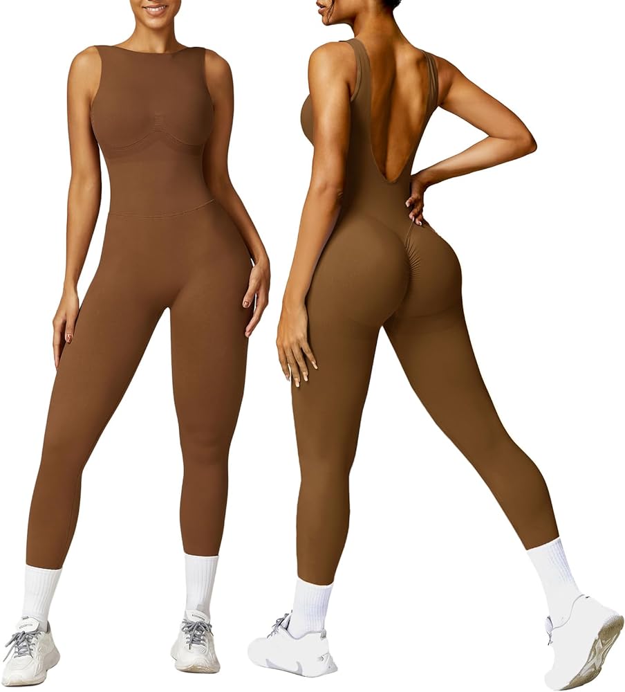 OEAK Womens Scrunch Butt Jumpsuits 2024 Crew Neck Seamless Romper V Back Gym Booty Leggings Bodycon Workout Yoga Unitard