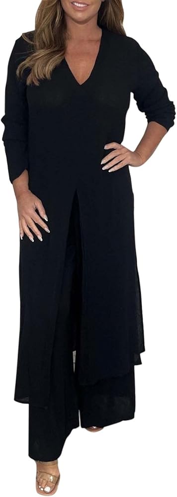 Ladies Casual Fashion Chiffon Long Sleeve Trousers Two Piece Set Overalls Plus Size Pant Suits for Women Dressy