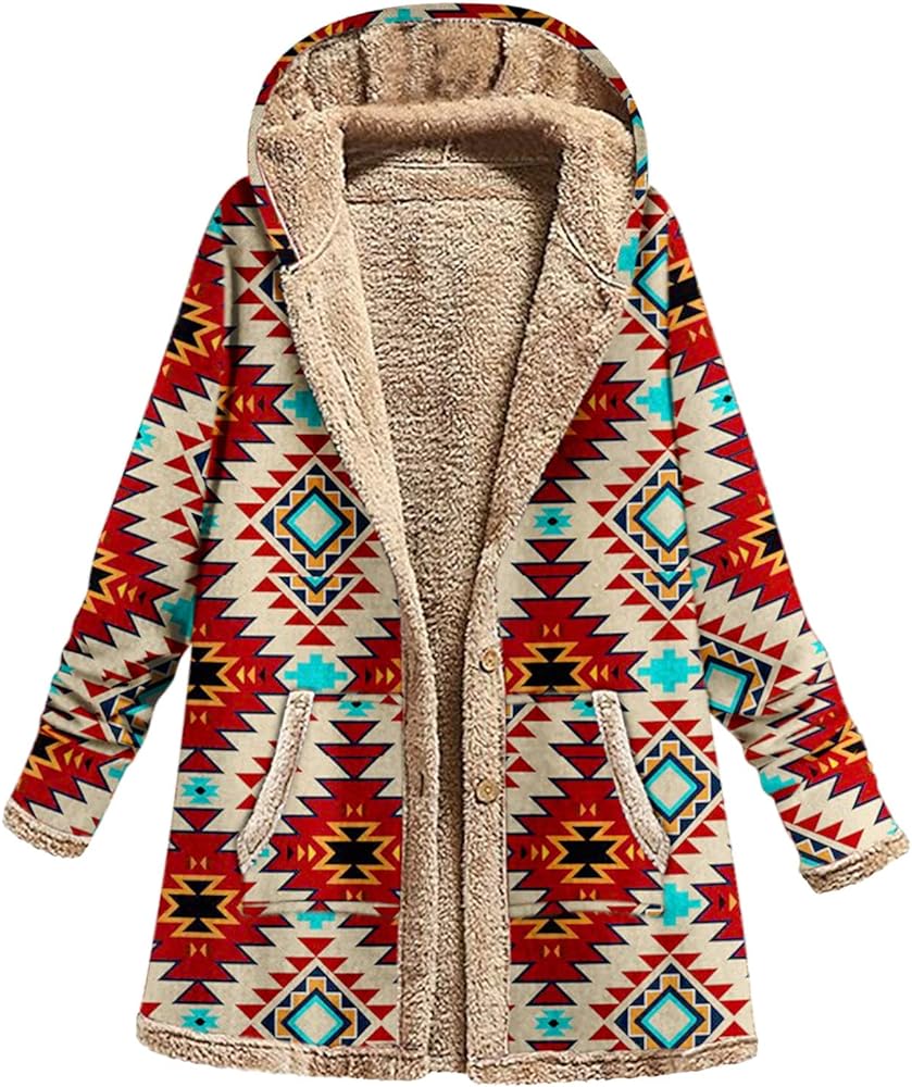 DOLKFU Women Faux Shearling Jackets Aztec Ethnic Graphic Sherpa Lined Coat Button Warm Fashion Outerwear with Pocket