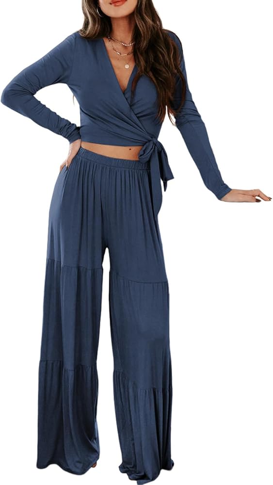 Dokotoo Women's Two Piece Lounge Set Long Sleeve Wrap Tie Knot Crop Top and Wide Leg Palazzo Pants Casual Outfits Sweatsuit