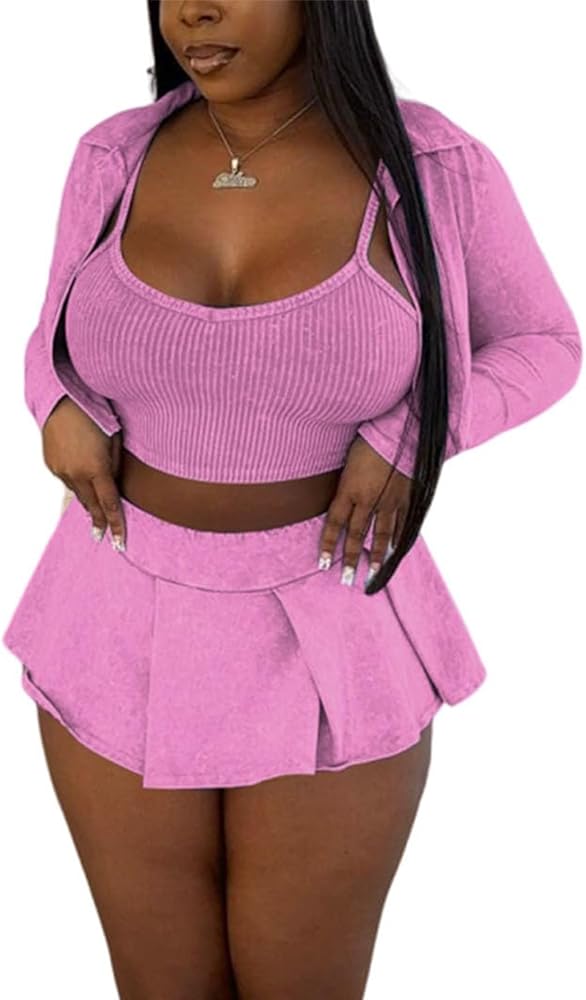 3 Piece Outfits for Women Shorts Long Sleeve Jacket Crop Top and Pleated Mini Skirt Summer Tracksuit Set