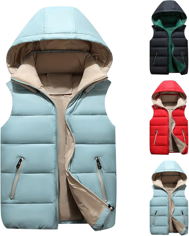 SHOPESSA Bubble Vest Women Puffer with Hood Shiny Quilted Jacket Padded Gilet Sleeveless Down Vest Thicken Warm Winter Coat