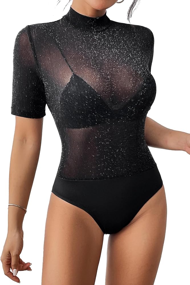 MakeMeChic Women's Short Sleeve Glitter Sheer Mesh See Through Turtleneck Neck Leotard Bodysuit Tops