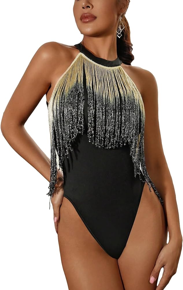 OYOANGLE Women's Boho Sequin Sparkly Fringe Trim Halter Slim Fit Party Clubwear Bodysuit Tops