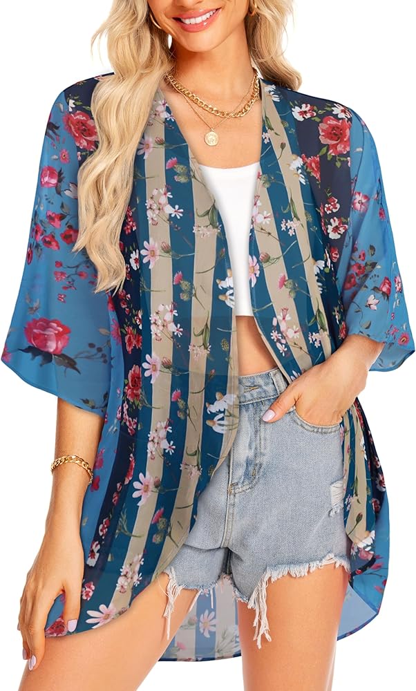 Women Kimono Cardigans Casual Summer Tops Cover up Open Front Floral Print Resort Wear